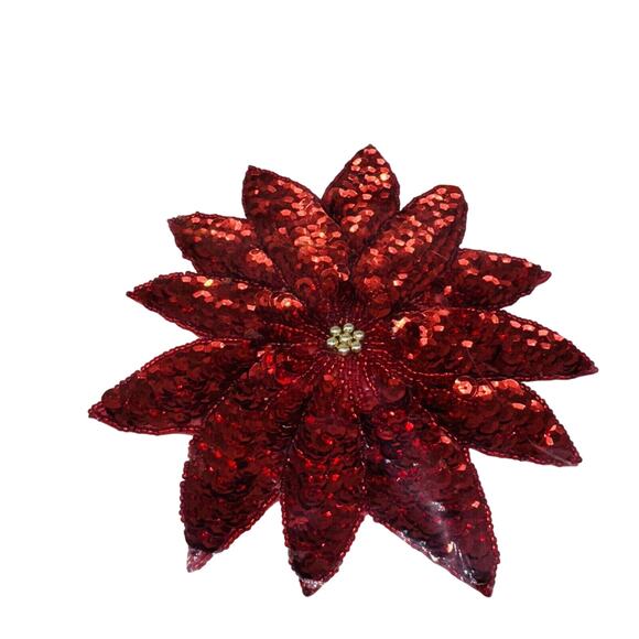 Vintage Handmade 5.5" Red Sequin Poinsettia Patch Motif Shirt Coat Hat Appliqué - Picture 1 of 6